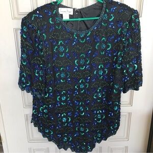 Plus Size 1X Dressy Lawrence Kozar Blue/Green Sequins Blouse V Hem Short Sleeves